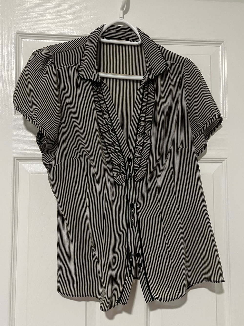 F&F Black and White Vertical-Stripe Ruffle Blouse
